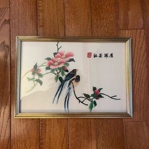 Framed Chinese hand crafted Embroidered Art on Silk Birds, flowers Vintage.